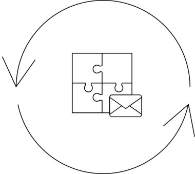 Bu resim, dairesel bir ok içinde bir bulmaca ve e-posta simgesi ile sembolize edilen bütünleşme ve iletişim kavramını temsil eder..