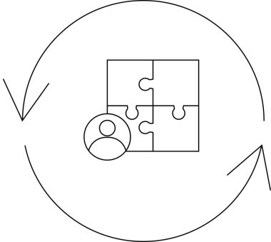 Problem çözme, işbirliği ve bütünleşmenin sembolik bir temsili, dairesel oklarla bir yapboz haline gelen bir kişi simgesi.