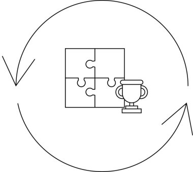 Bir bulmaca, kupa ve dairesel okları, problem çözmeyi, başarıyı ve döngüsel bir süreçte sürekli gelişmeyi sembolize eden bir çizgi sanat ikonu.