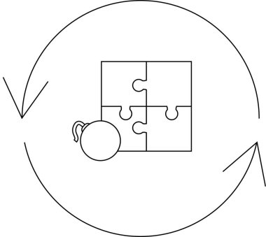 Problem çözme, bulmaca parçaları ve sürekli döngü içinde bir bombanın görsel temsili, zorlukları ve çözümleri sembolize ediyor.