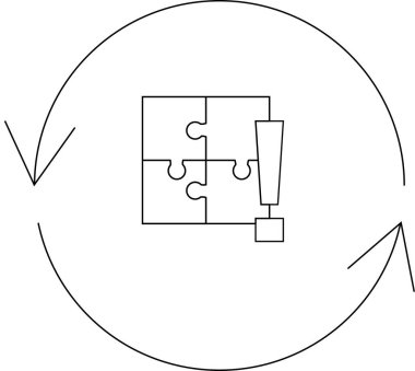 Yapboz parçaları, ünlem işareti ve dairesel akış içeren kavramsal bir illüstrasyon problem çözme ve sürekli gelişmeyi sembolize eder..