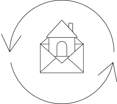 Dairesel oklarla çevrili, emlak iletişimini ve mülkiyet güncellemelerini sembolize eden zarf içinde bir ev içeren basit bir çizgi sanat simgesi.