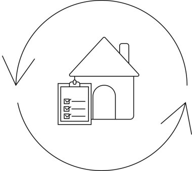 Yuvarlak oklarla çevrili, ev teftişini ve bakımını sembolize eden, kontrol listesi eklenmiş bir evi tasvir eden basit bir çizgi resim simgesi.