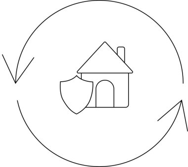 Basit bir çizgi, önünde bir kalkan olan ve ev korumasını ve güvenliğini simgeleyen dairesel bir okla çevrili bir evi tasvir ediyor..