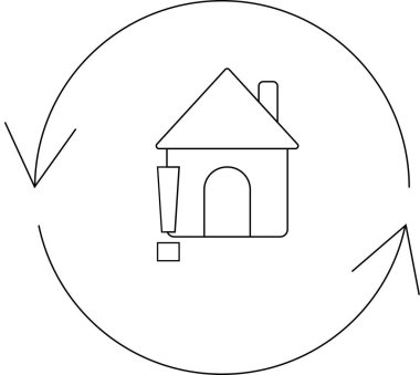 Dairesel oklarla çevrili, ünlem işareti olan bir evin basit bir çizgi çizimi ev teftişini ya da mülk durumu değerlendirmesini temsil ediyor..