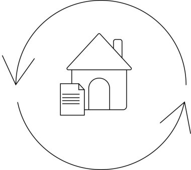 Ev kredisini yeniden finanse eden, bir ev, belge ve dairesel okların yer aldığı basit bir çizgi çizimi..