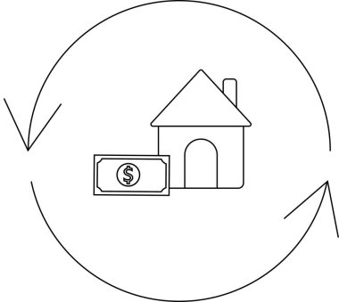 Basit bir çizim, emlak ve finans değişimi veya döngüsünü temsil eden dairesel bir okla ev ve parayı gösteriyor..