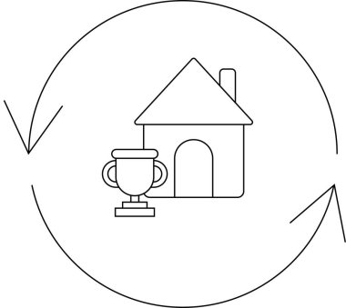 Dairesel oklarla çevrili bir ev ve kupa ikonu, emlak başarısını, emlak yatırımını ve emlak piyasasında sürekli gelişmeyi temsil ediyor..