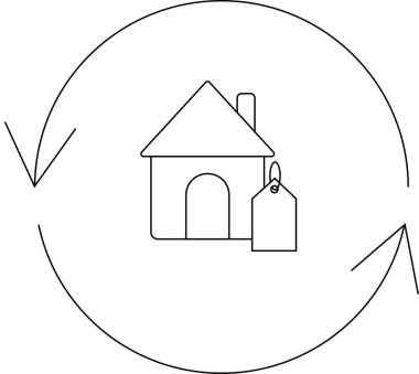 Emlak piyasasının döngüsel doğasını sembolize eden dairesel bir okla çevrili, fiyat etiketli bir evi tasvir eden basit bir çizgi sanat ikonu..