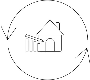 Emlak piyasasında ve düşen ev fiyatlarında döngüsel bir düşüşü temsil eden, bar grafiği azalan bir ev tasviri.