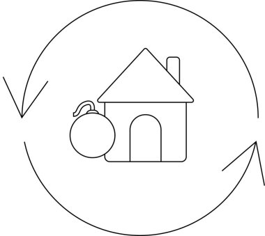 Yanı başında bomba olan, dairesel oklarla çevrili, tehlikeyi, savunmasızlığı ve tehditlerin döngüsel doğasını simgeleyen bir ev..