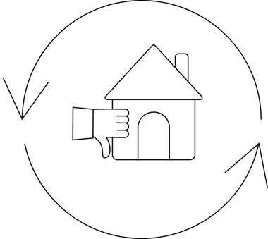 Ev değerlerini düşürmenin sembolik bir gösterimi, ev simgesinin yanında dönen oklarla çevrelenmiş, baş parmak hareketi yapan bir el..