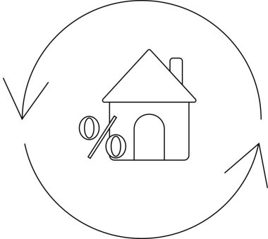 İçinde yüzde işareti olan, dairesel oklarla çevrili, ipotek oranlarını ve finansal döngüleri temsil eden bir ev simgesi.