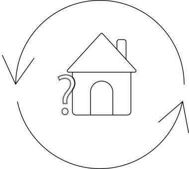 Dairesel oklarla çevrili soru işaretli bir ev simgesi, emlak piyasasındaki belirsizliği simgeler, satın alma, satma veya yatırım hakkında soruları yansıtır.
