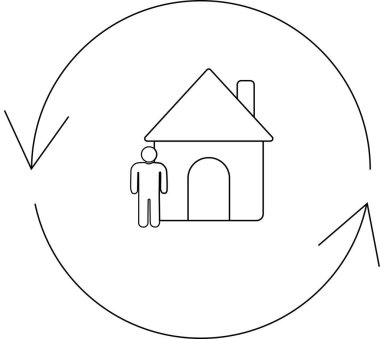 Basit bir çizim, bir evin yanında duran, evi, yaşamı ve çevresel döngüleri sembolize eden dairesel bir okun içine hapsedilmiş bir kişiyi tasvir eder..