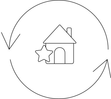 Yuvarlak oklarla çevrili, ev dekorasyonu, yenileme veya emlak kavramlarını temsil eden yıldızlı bir ev simgesi..