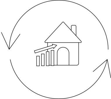 Emlak piyasası döngüsünü tasvir eden basit bir çizgi çizimi, bir ev ikonu, bir büyüme tablosu ve dairesel bir okun yer aldığı.