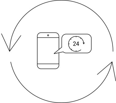 247 mobil destek tasviri, içinde 24 saatlik bir saat sembolü bulunan ve sürekli ulaşılabilirliği sembolize eden bir konuşma balonlu akıllı telefon görüntüsü..