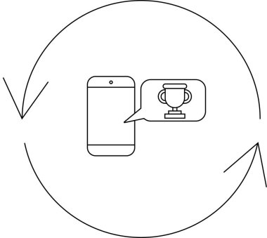 Oyun başarı döngüsünü temsil eden dairesel bir okla çevrili bir konuşma balonunda ödül simgesini gösteren bir cep telefonu tasviri.
