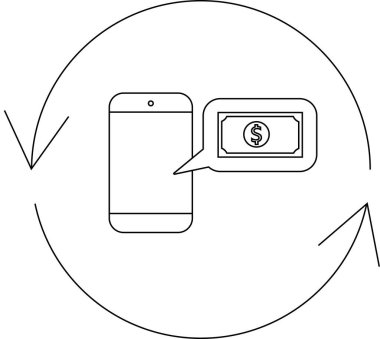 Konuşma balonunda dolar işareti olan, ödeme işlemini temsil eden, dairesel bir okla çevrili bir cep telefonu çizgisi çizimi..