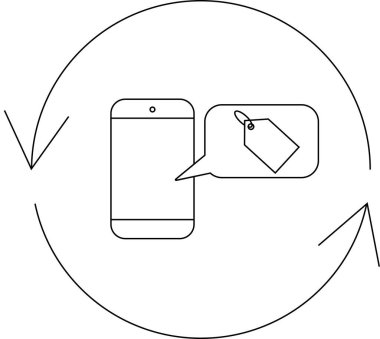 Dairesel okla çevrili, konuşma balonunda fiyat etiketi olan bir cep telefonunun basit bir çizgisi çizimi.