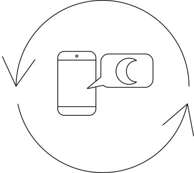 Konuşma balonunda ay sembolü olan, gece modu döngüsünü temsil eden dairesel bir okla çevrili basit bir çizgi sanat simgesi..