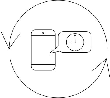 Bir telefon dairesel oklarla çevrili bir saat simgesini gösterir, dijital bağlamda zaman yönetimi ve senkronizasyonu sembolize eder.