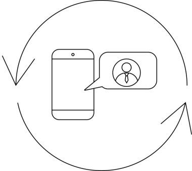 Dairesel oklarla çevrili bir insan simgesini içeren mesaj balonlu bir telefonun basit bir çizimi.