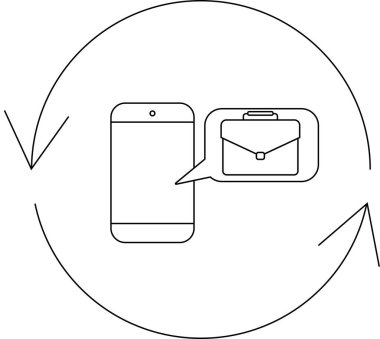 Akıllı telefon, dairesel oklarla çevrili, iş, teknoloji ve iletişimi simgeleyen bir evrak çantası simgesini modern, minimalist bir tasarımla gösterir..