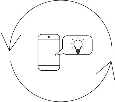 Akıllı telefon bir konuşma balonunda ampulü gösterir, fikir üretimini sembolize eder, dairesel bir döngü içinde, sürekli yenilik ve geri beslemeyi temsil eder..