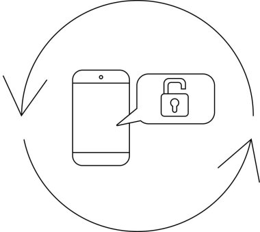 Dairesel bir okla çevrili ve veri koruması ve güvenliği temsil eden bir konuşma balonunun içindeki ikonu açan akıllı telefon.