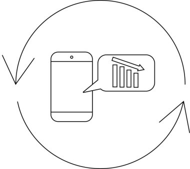Yuvarlak bir okla çevrelenmiş bir konuşma baloncuğu içinde aşağı doğru eğik bir grafik gösteren akıllı telefon, düşüşü veya olumsuz geri bildirimi simgeler.