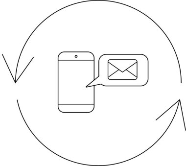 Bir akıllı telefon, dijital iletişim ve bilgi alışverişini temsil eden dairesel oklarla çevrili bir konuşma balonu içinde bir e- posta simgesi gösterir.