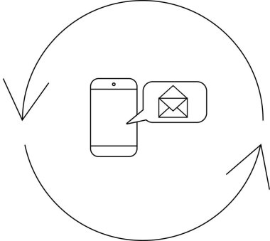 Akıllı telefon, dairesel oklarla çevrili, iletişimi ve değişimi sembolize eden, konuşma balonunda bir e- posta simgesi gösterir.