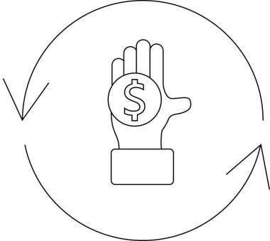 Çevresi yuvarlak oklarla çevrili, finansal döngüleri ve para akışını temsil eden, bir doları tutan bir eli tasvir eden basit bir çizgi sanat ikonu.