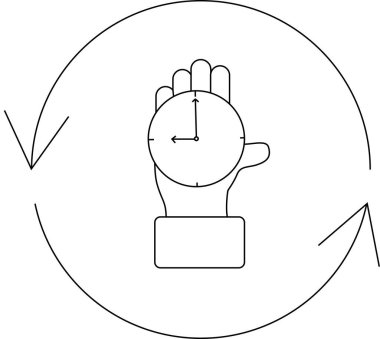 Dairesel okları olan bir saati tutan bir el, zaman yönetimini, teslim tarihlerini ve zamanın döngüsel doğasını sembolize ediyor..