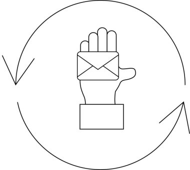 Dairesel oklarla dolu bir zarfı tutan, e-posta pazarlama, iletişim ve geri bildirim döngülerini minimalist bir sanat tarzında temsil eden bir el..