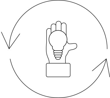 Dairesel oklarla çevrili ampulü tutan bir elin tasviri fikir üretimini ve yaratıcı süreci temsil ediyor..