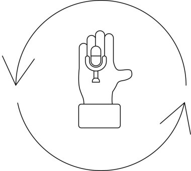 Bir el, etrafında dairesel oklar olan, konuşmayı, iletişimi ya da sürekli bir döngü içinde kaydı simgeleyen bir mikrofon tutar..