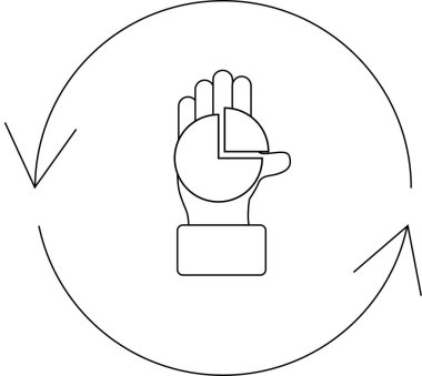 Bir el, dairesel oklarla çevrili bir pasta grafiğini tutar, sürekli olarak veri analizini, istatistikleri ve iş süreçlerini sembolize eder..