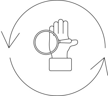 Bir el, dairesel oklarla çevrili bir büyüteçle inceleniyor. İnceleme ve analiz sürecini gösteriyor..