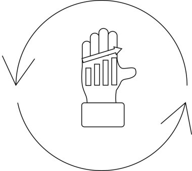 İçinde çubuk grafik olan bir el, dairesel oklarla çevrili, büyümeyi ve gelişimi sembolize ediyor..