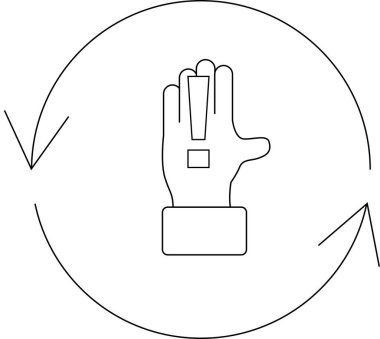 Dairesel bir okun içinde ünlem işareti olan bir el, bir süreç veya döngü ile ilgili bir uyarı veya uyarı göstermektedir..