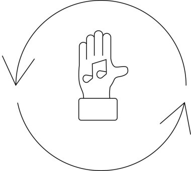 İçinde müzik notası olan bir el, dairesel bir okla çevrili, müziği ve hareketi simgeliyor..