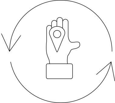 Dairesel oklarla çevrili, yön bulma ya da takip etme simgesini sembolize eden, lokasyon iğnesini tutan bir el içeren bir minimalist çizgi sanat simgesi.