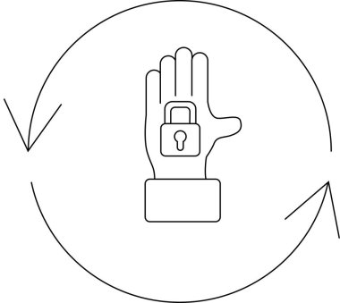 Oklarla çevrili bir çemberin içinde asma kilit simgesi ile el, güvenlik, koruma ve veri gizliliğini basit bir satır sanatı tarzında temsil eder..
