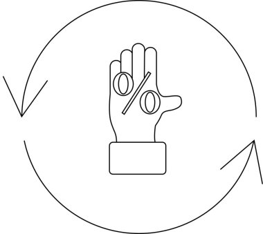 Oklarla çevrili bir çemberin içinde, mali döngüyü, yatırımı ya da yatırımın geri dönüşünü temsil eden yüzde işaretli bir el. Basit çizgi çizimi.