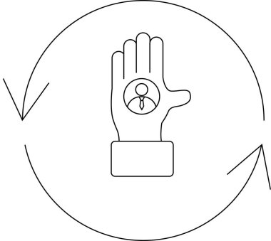İçinde dairesel oklarla çevrili, kullanıcı deneyimi, geri bildirim ya da döngüsel süreçler gibi kavramları sembolize eden bir insan simgesi olan bir el..
