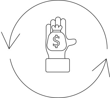 Bir elin para çantasını dairesel bir okun içinde tutması para dolaşımını ve mali işlemleri temsil ediyor..