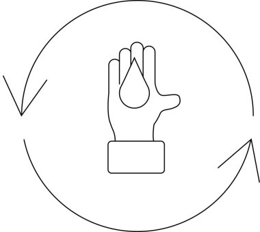 Su damlası olan basit bir el çizgisi sanat simgesi, dairesel geri dönüşüm okuyla çevrili, suyun korunmasını ve sürdürülebilirliğini sembolize eden.